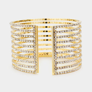 Clear Rhinestone Embellished Split Cuff Pageant Bracelet on Gold  | Prom Bracelet | 519364