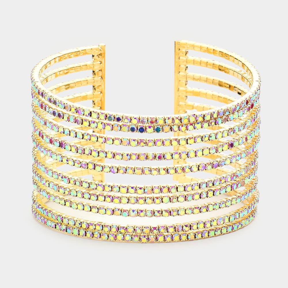 AB Rhinestone Embellished Split Cuff Pageant Bracelet on Gold | Prom Bracelet