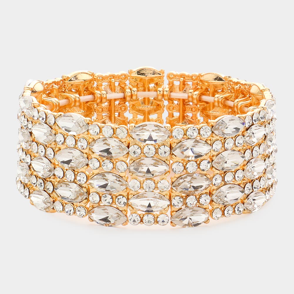 Clear Marquise Stone Accented Stretch Pageant Bracelet on Gold | Crystal Bracelet