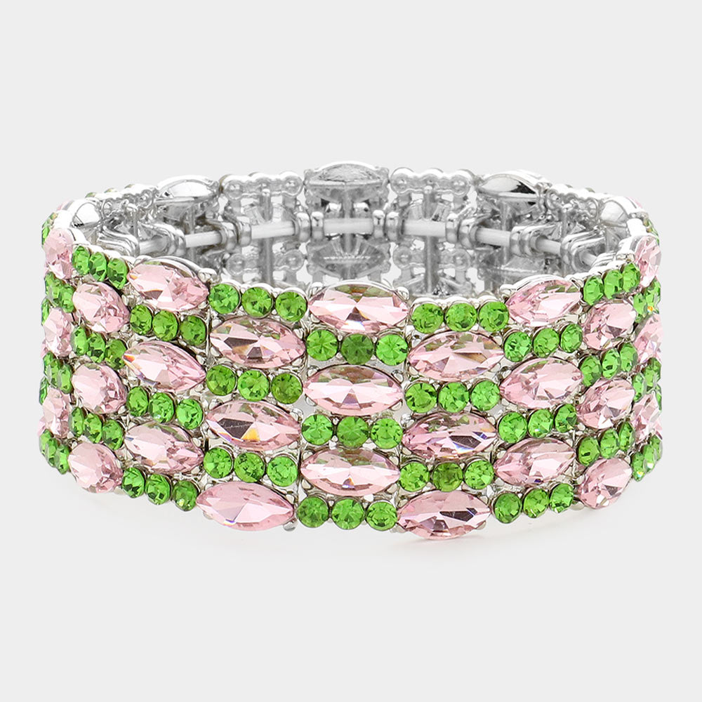 Pink & Green Marquise Stone Accented Stretch Pageant Bracelet  | Crystal Bracelet