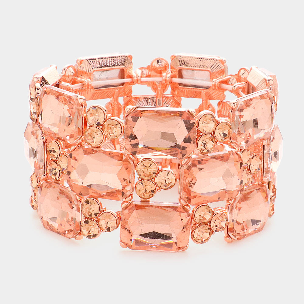 Peach Emerald Cut Stone Accented Pageant Stretch Bracelet | Crystal Bracelet | 581615