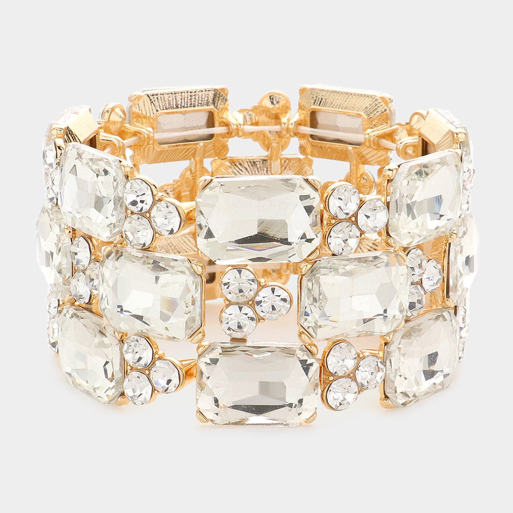 Clear Emerald Cut Stone Accented Pageant Stretch Bracelet on Gold | Crystal Bracelet