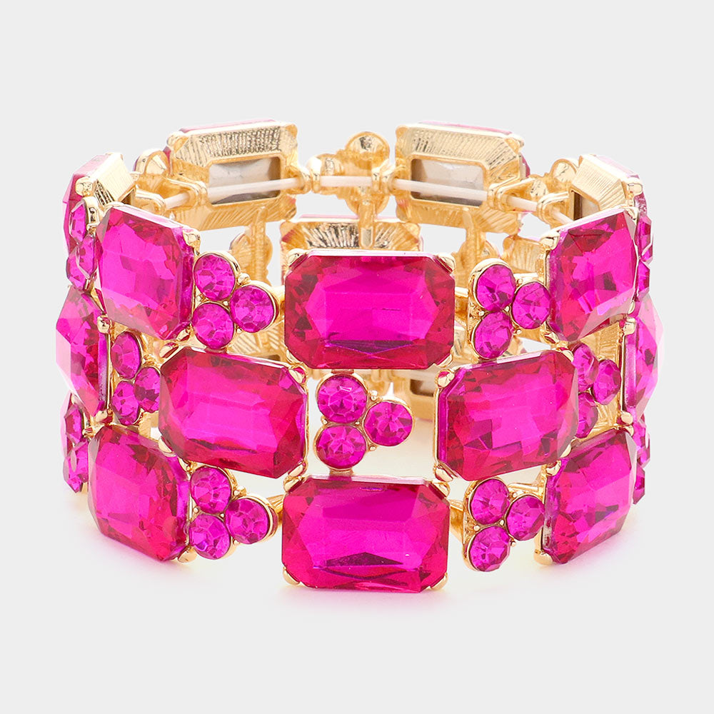 Fuchsia Emerald Cut Stone Accented Pageant Stretch Bracelet  | Crystal Bracelet