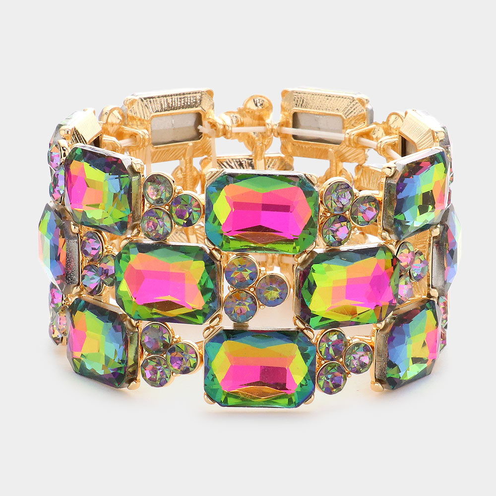 Multi-Color Emerald Cut Stone Accented Pageant Stretch Bracelet  | Crystal Bracelet