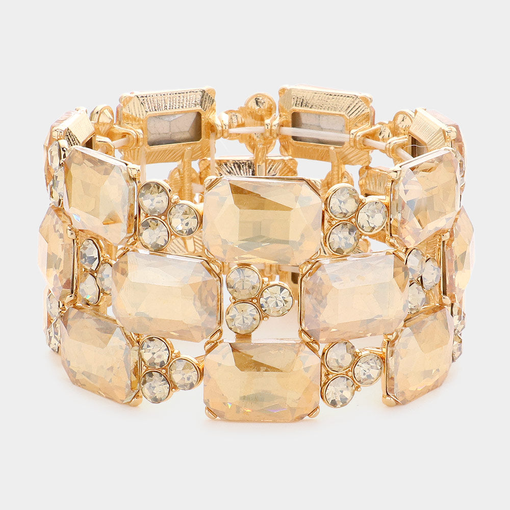 Light Topaz Emerald Cut Stone Accented Pageant Stretch Bracelet  | Crystal Bracelet