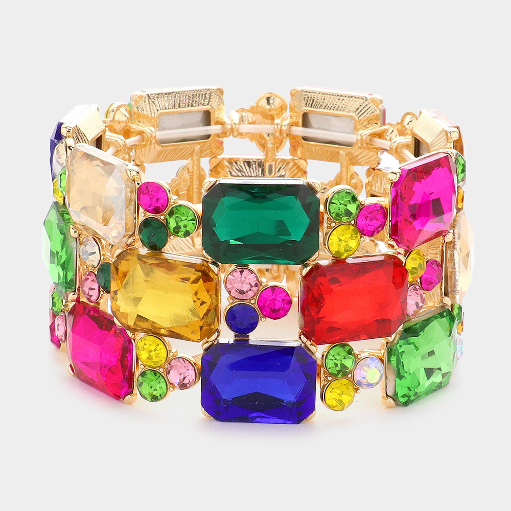 Multi-Color Emerald Cut Stone Accented Pageant Stretch Bracelet  | Crystal Bracelet