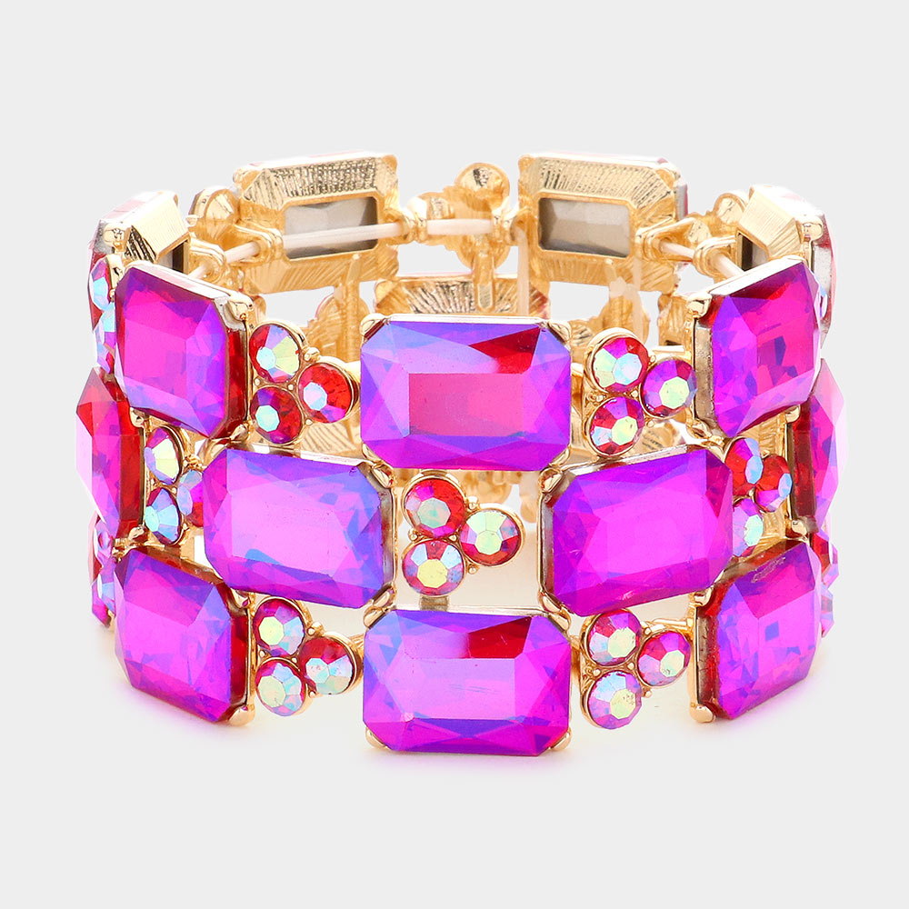 Purple Emerald Cut Stone Accented Pageant Stretch Bracelet  | Crystal Bracelet