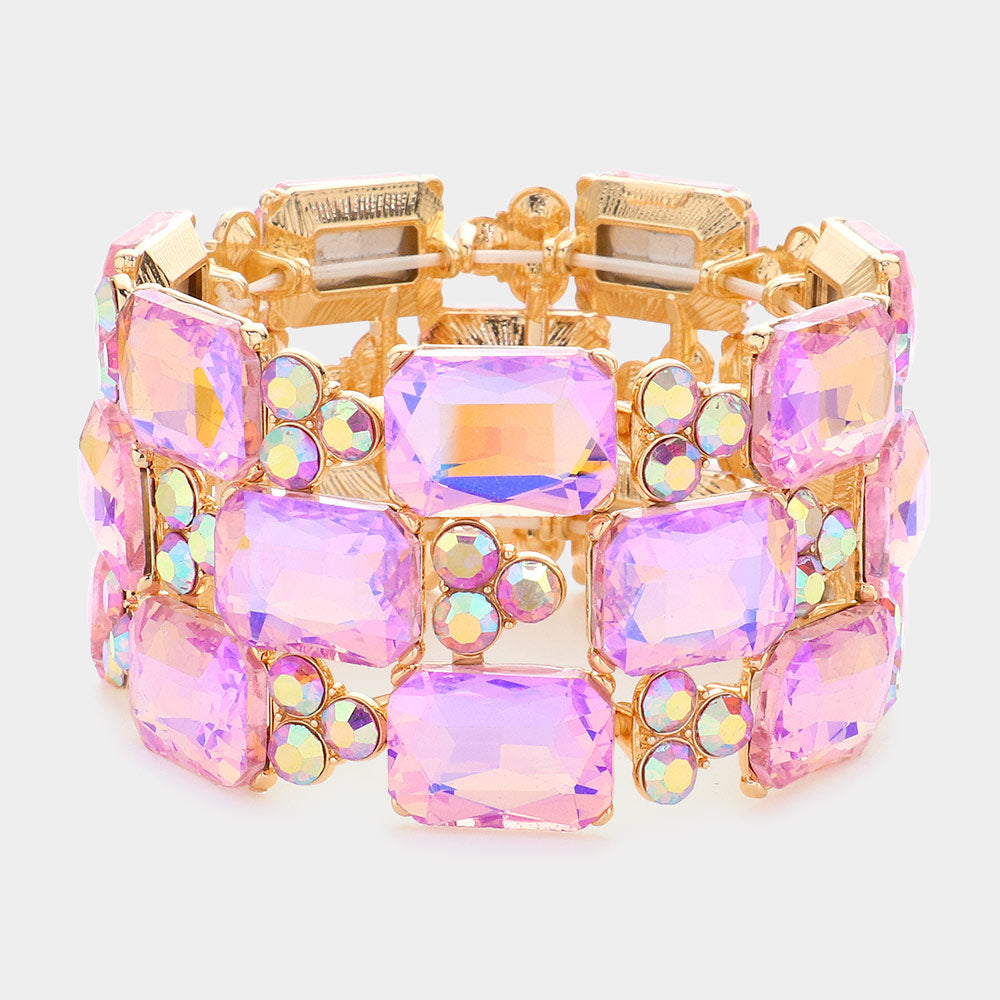Pink Emerald Cut Stone Accented Pageant Stretch Bracelet  | Crystal Bracelet