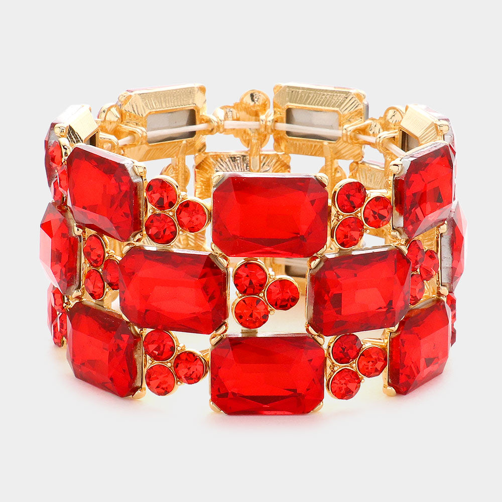 Red Emerald Cut Stone Accented Pageant Stretch Bracelet  | Crystal Bracelet