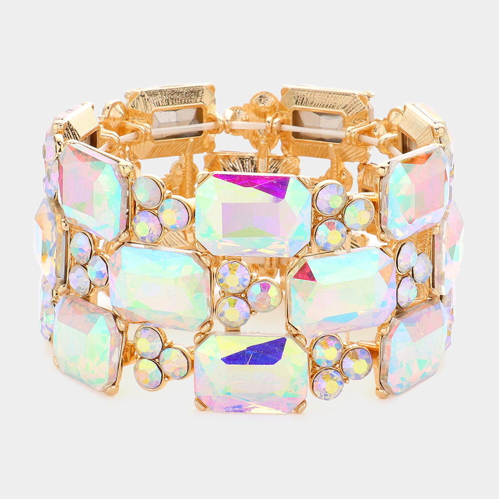 AB Emerald Cut Stone Accented Pageant Stretch Bracelet on Gold  | Crystal Bracelet