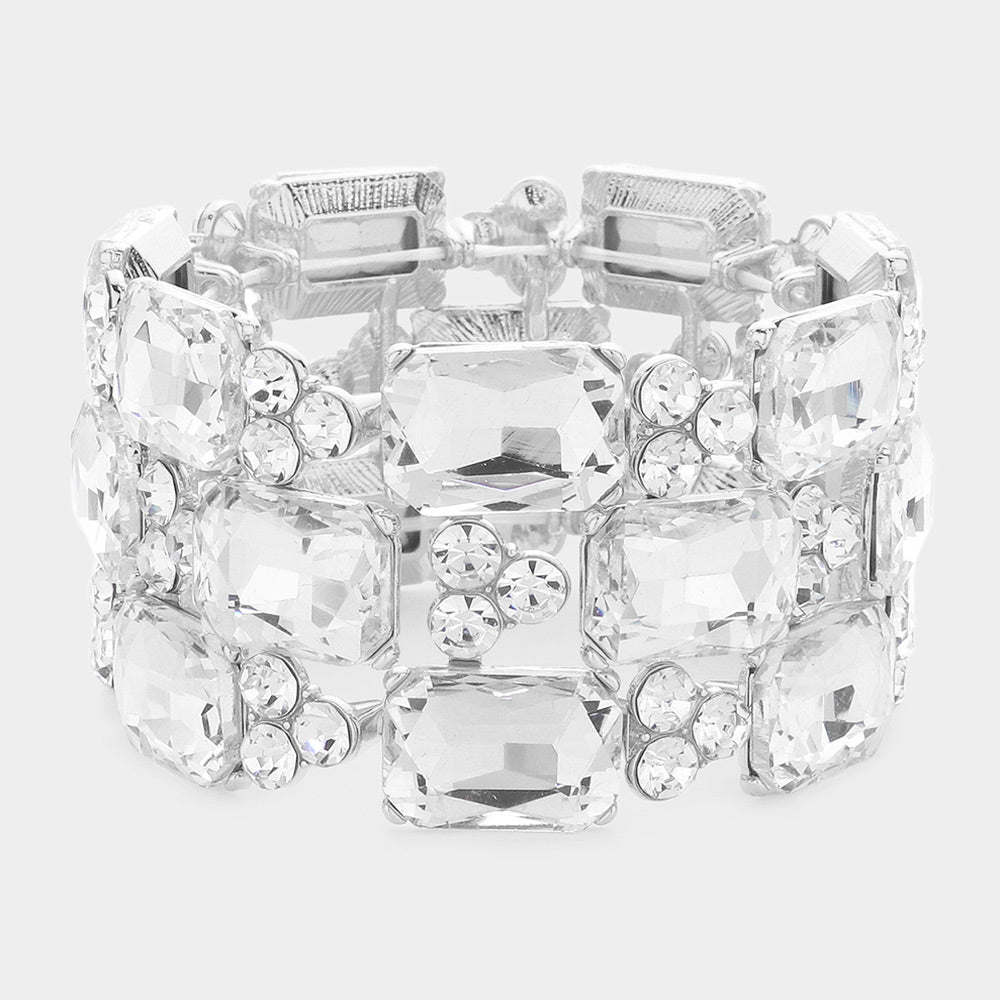 Clear Emerald Cut Stone Accented Pageant Stretch Bracelet  | Crystal Bracelet