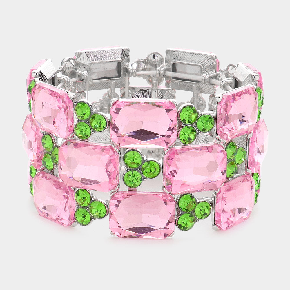 Pink & Green Emerald Cut Stone Accented Pageant Stretch Bracelet  | Crystal Bracelet