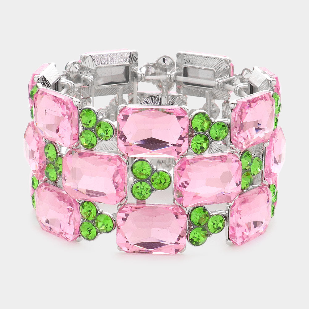Pink & Green Emerald Cut Stone Accented Pageant Stretch Bracelet  | Crystal Bracelet