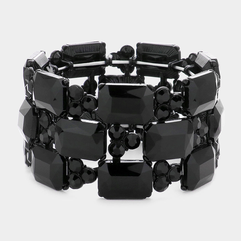 Jet Black Emerald Cut Stone Accented Pageant Stretch Bracelet  | Crystal Bracelet