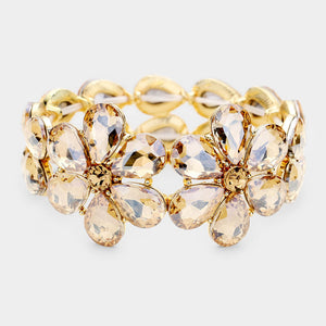 Gold Crystal Floral Teardrop Prom Bracelet | Pageant Bracelet