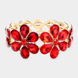 Red Crystal Floral Teardrop Prom Bracelet | Pageant Bracelet