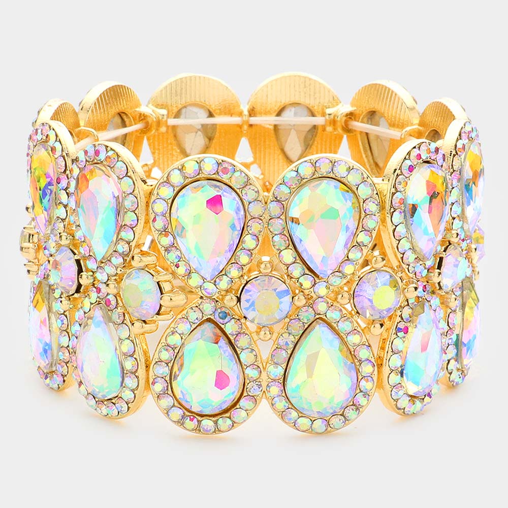 Double Teardrop AB Crystal Rhinestone Stretch Bracelet on Gold