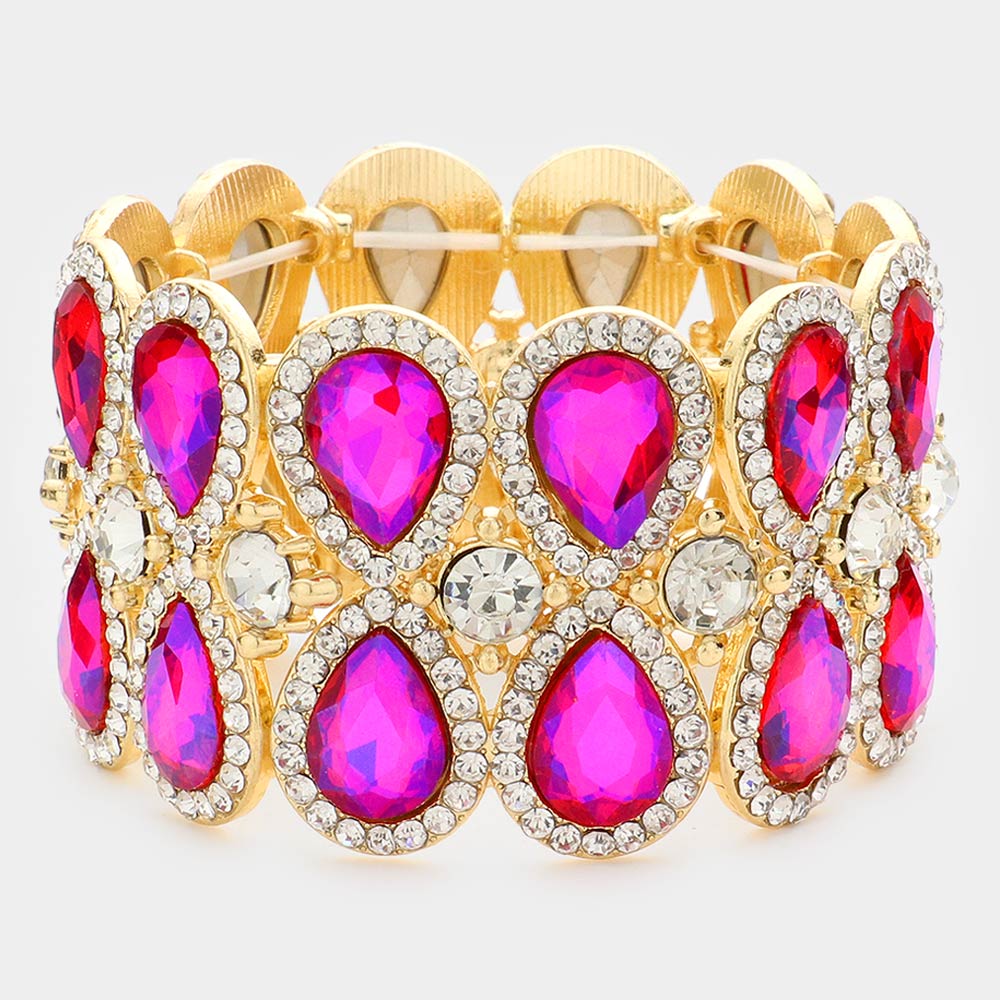 Double Teardrop Fuchsia Crystal Rhinestone Stretch Bracelet