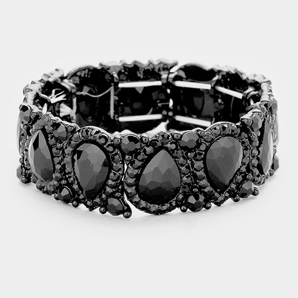 Slim Black Crystal Pear and Rhinestone Stretch Bracelet  | Pageant Jewelry
