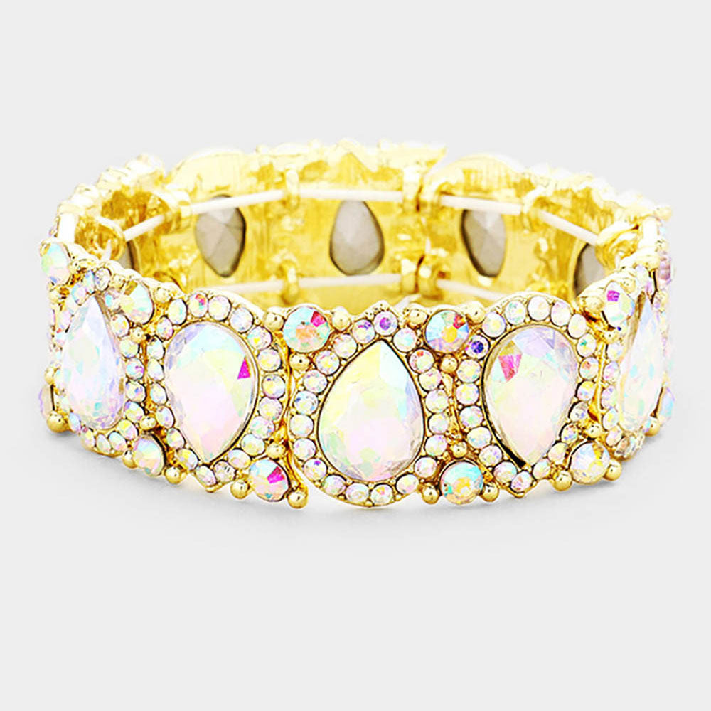 Slim AB Crystal Pear and Rhinestone Stretch Bracelet on Gold | Pageant Jewelry