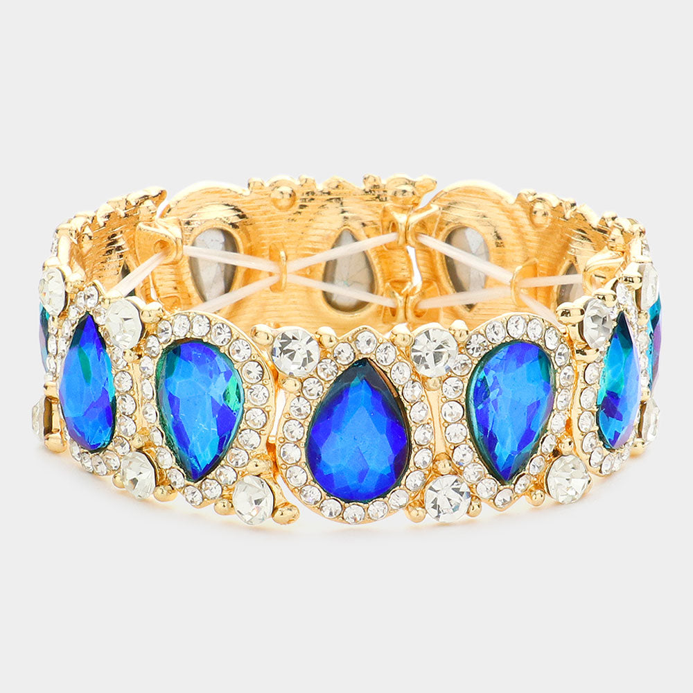 Slim Sapphire and Clear Crystal Pear and Rhinestone Stretch Bracelet on Gold  | Pageant Jewelry