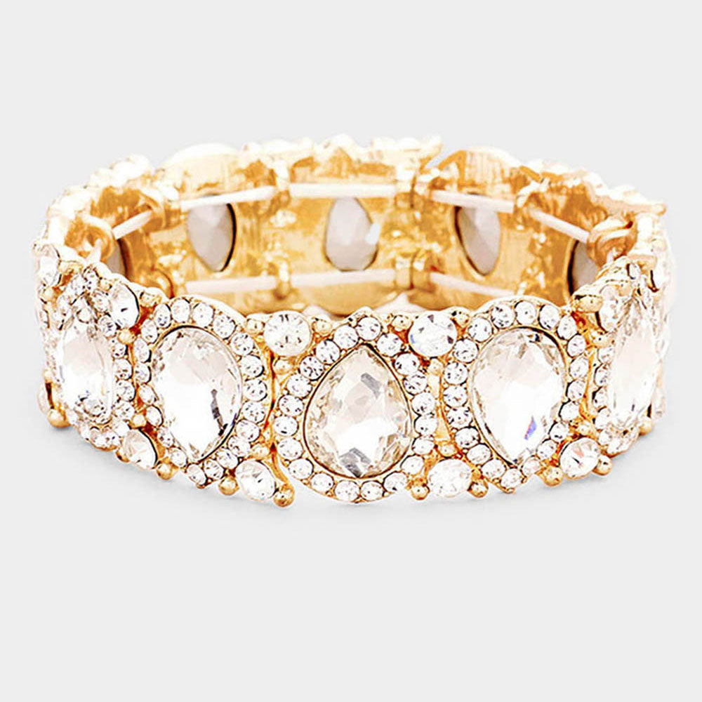 Slim Clear Crystal Pear and Rhinestone Stretch Bracelet on Gold | Pageant Jewelry