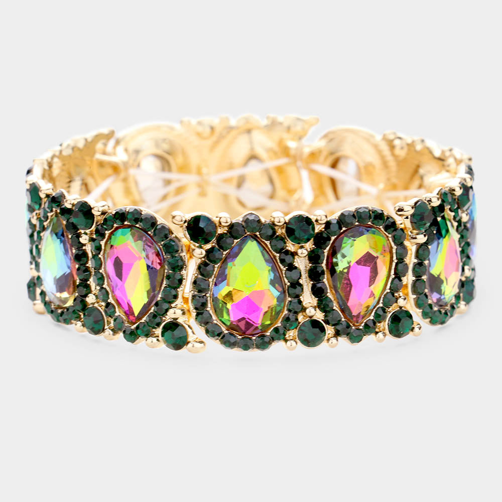 Slim Multi-Color Crystal Pear and Rhinestone Stretch Bracelet on Gold  | Pageant Jewelry
