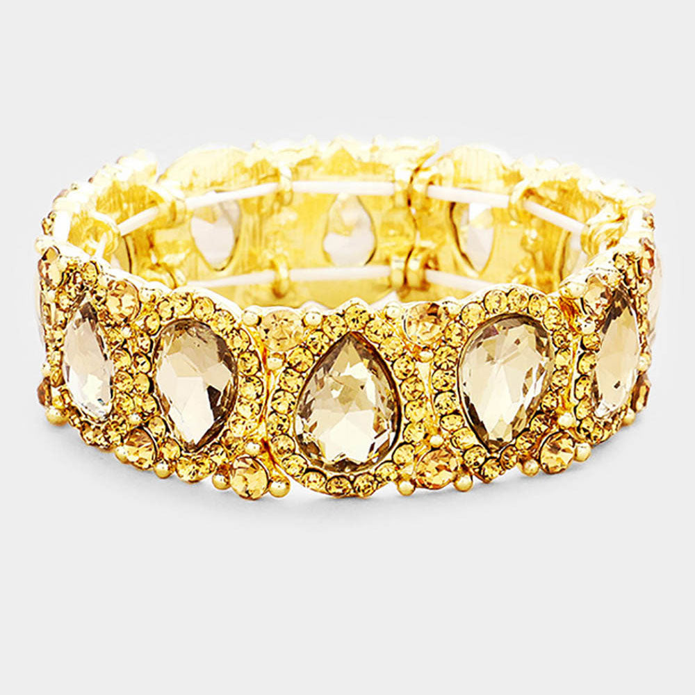 Slim Gold Crystal Pear and Rhinestone Stretch Bracelet  | Pageant Jewelry