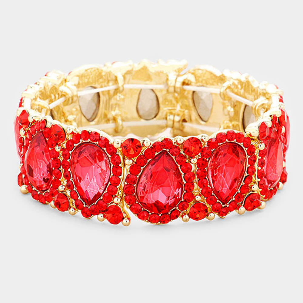 Slim Red Crystal Pear and Rhinestone Stretch Bracelet on Gold  | Pageant Jewelry