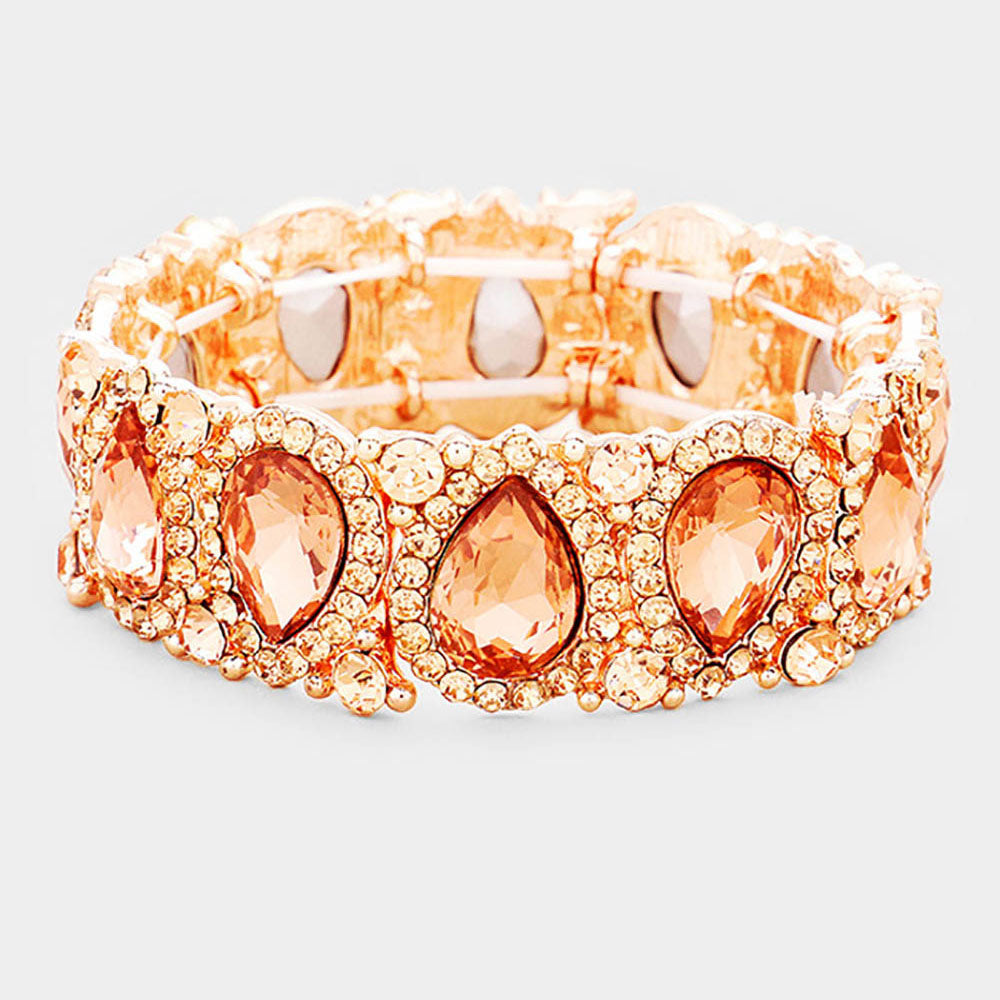 Slim Peach Crystal Pear and Rhinestone Stretch Bracelet on Rose Gold | Pageant Jewelry