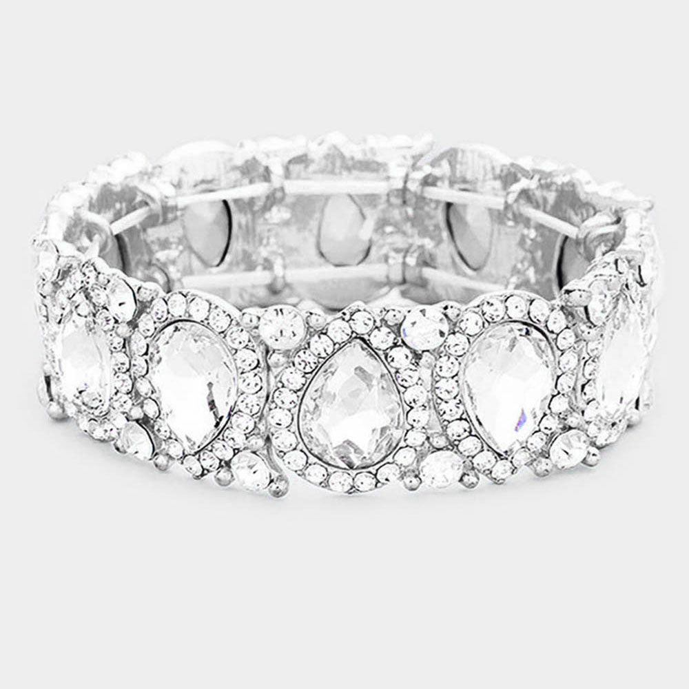 Slim Clear Crystal Pear and Rhinestone Stretch Bracelet  | Pageant Jewelry