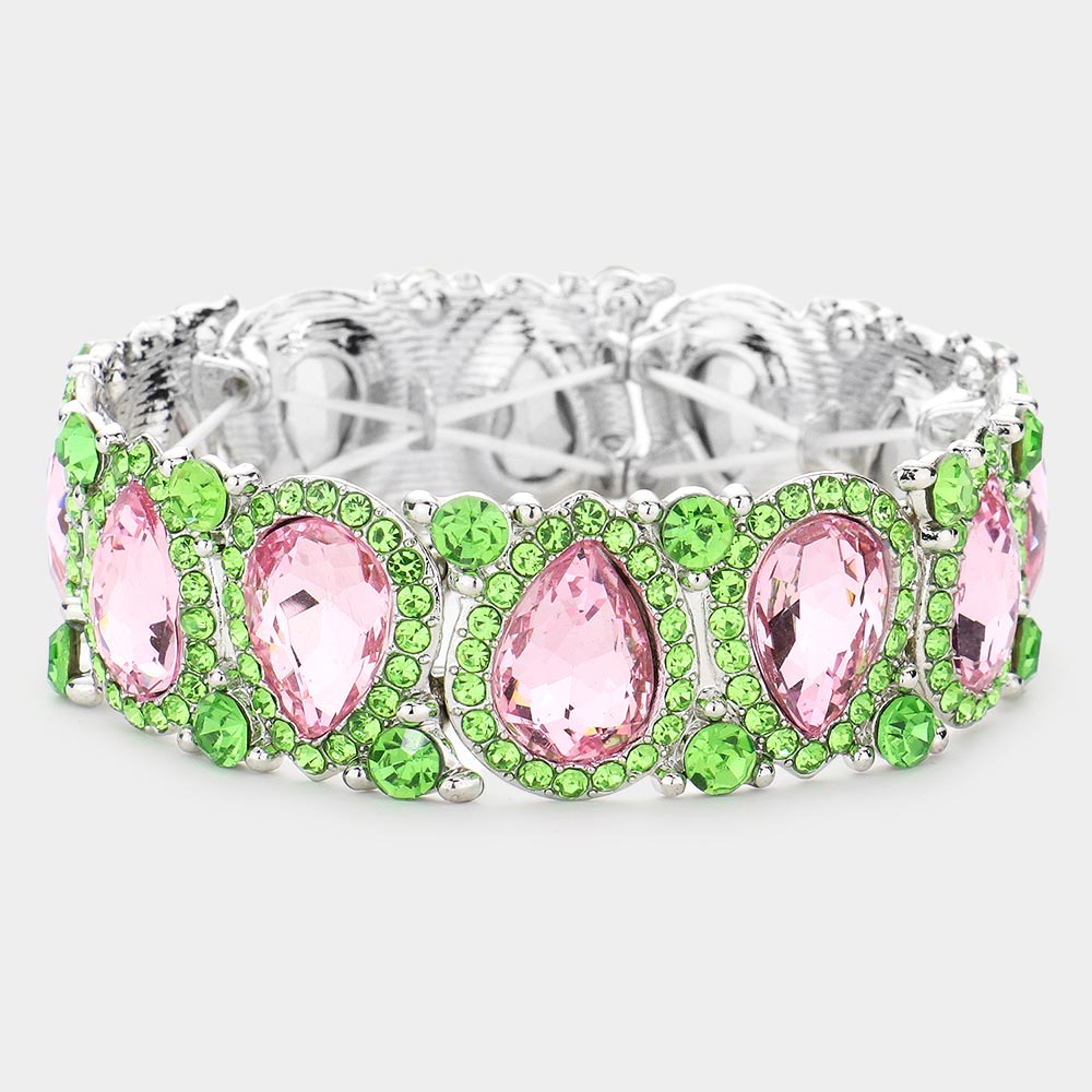 Slim Pink & Green Crystal Pear and Rhinestone Stretch Bracelet  | Pageant Jewelry