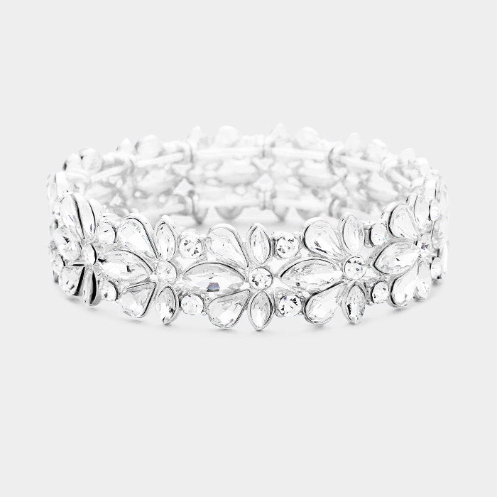 Clear Crystal Flower Stretch Pageant Bracelet  | Prom Bracelet