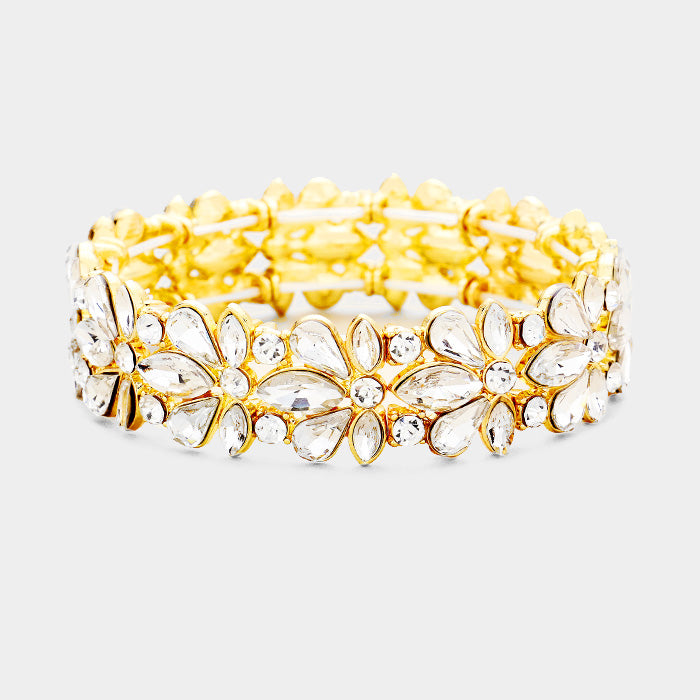 Clear Crystal Flower Stretch Pageant Bracelet on Gold  | Prom Bracelet
