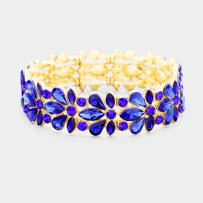 Sapphire Crystal Flower Stretch Pageant Bracelet on Gold  | Prom Bracelet