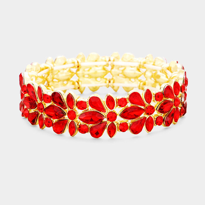 Dark Red Crystal Flower Stretch Pageant Bracelet on Gold | Prom Bracelet | 389460