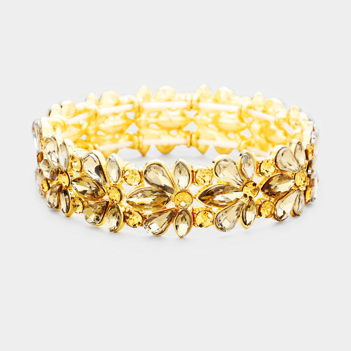 Topaz Crystal Flower Stretch Pageant Bracelet on Gold  | Prom Bracelet