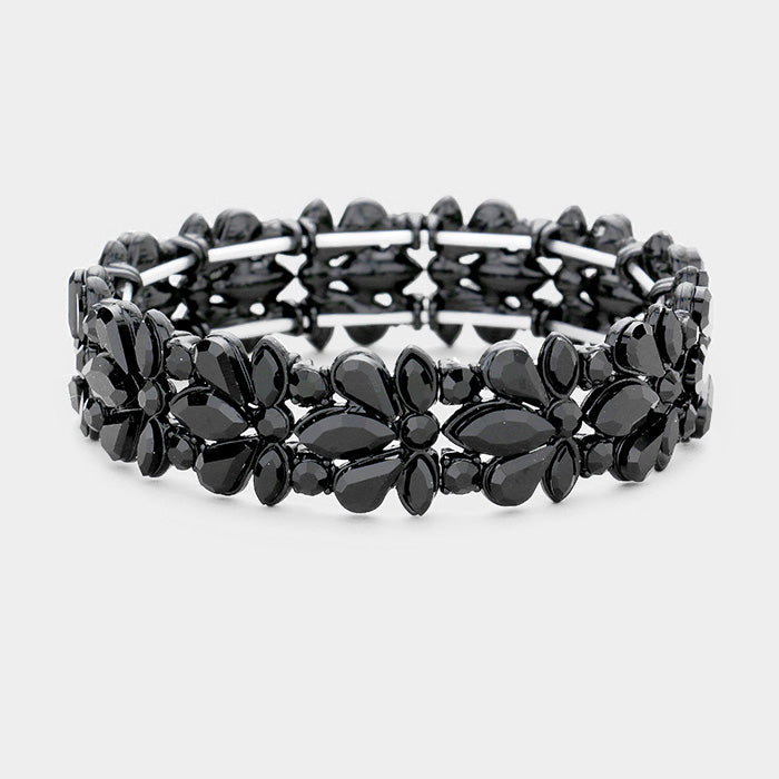 Black Crystal Flower Stretch Pageant Bracelet  | Prom Bracelet
