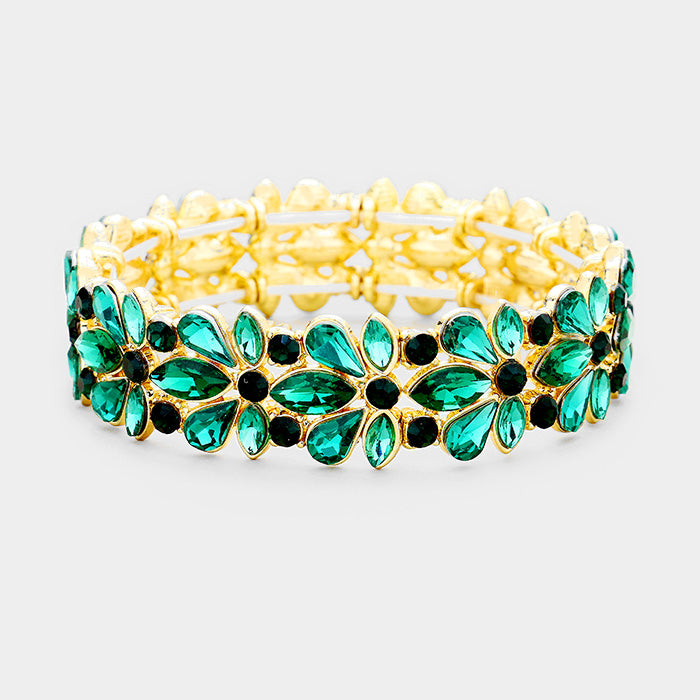 Emerald Crystal Flower Stretch Pageant Bracelet on Gold  | Prom Bracelet