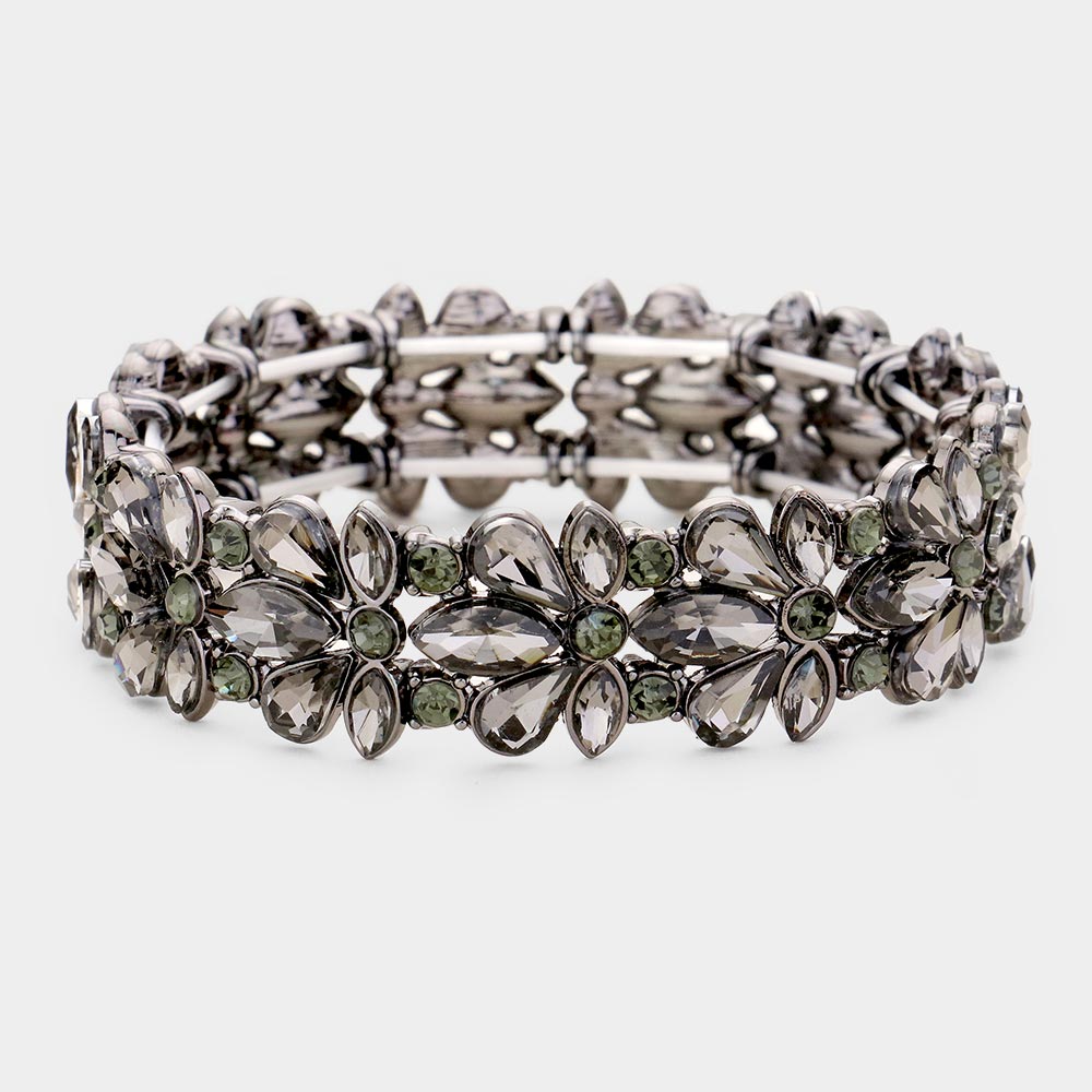 Black Diamond Crystal Flower Stretch Pageant Bracelet | Prom Bracelet
