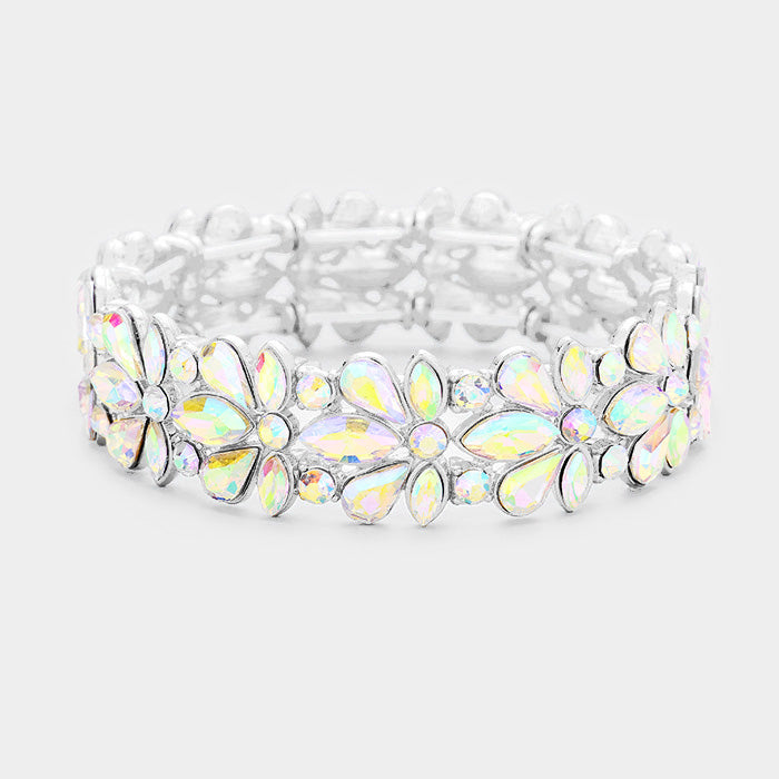AB Crystal Flower Stretch Pageant Bracelet  | Prom Bracelet