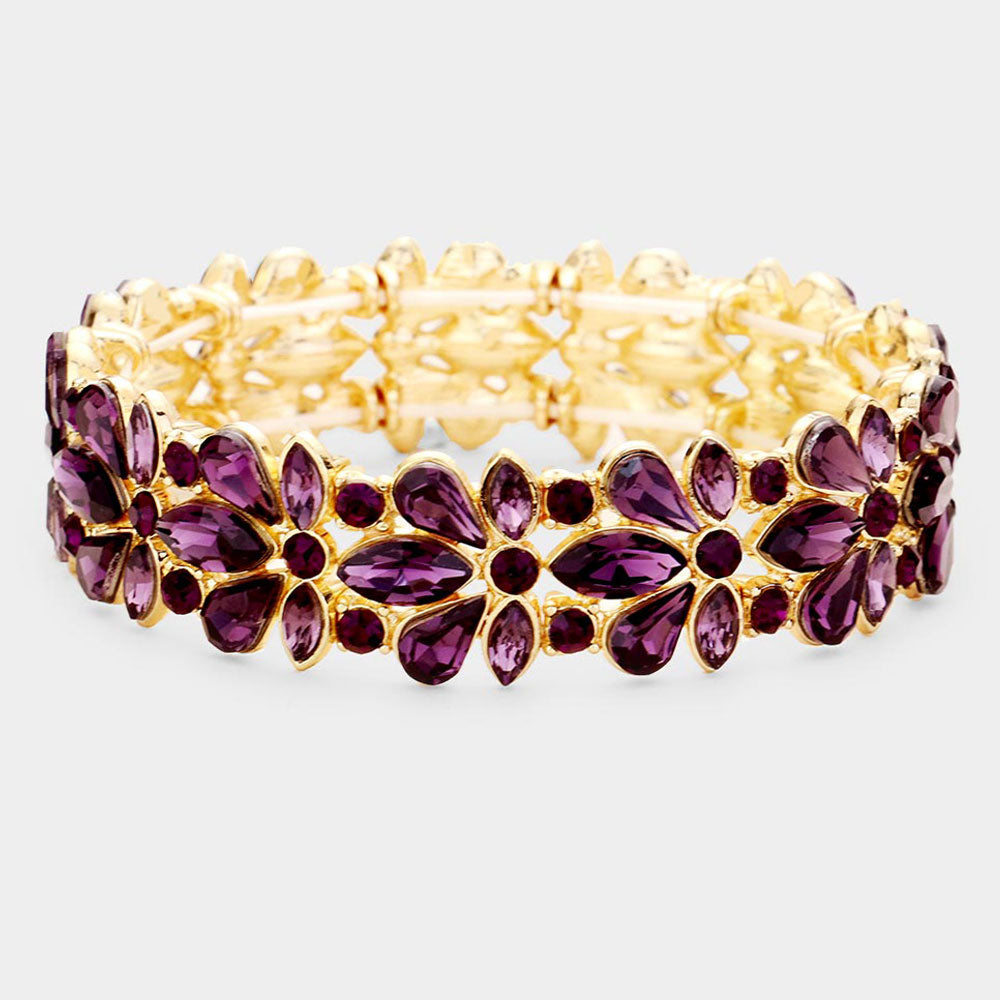 Amethyst Crystal Flower Stretch Pageant Bracelet  | Prom Bracelet