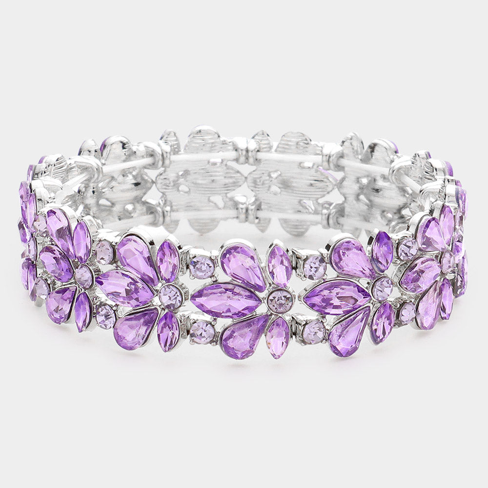 Violet Crystal Flower Stretch Pageant Bracelet  | Prom Bracelet