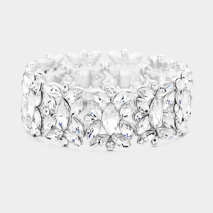 Clear Crystal Floral Pageant Stretch Bracelet | Prom Bracelet