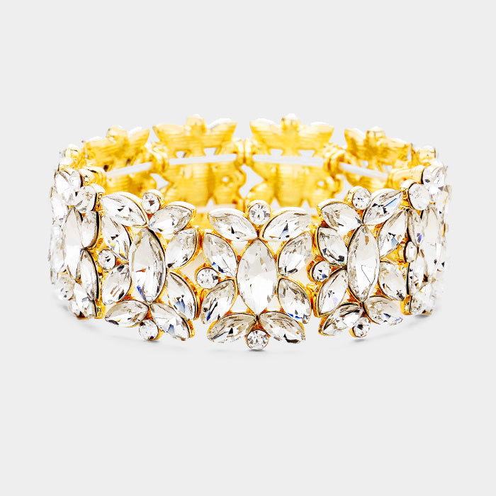 Clear Crystal Floral Pageant Stretch Bracelet on Gold | Prom Bracelet