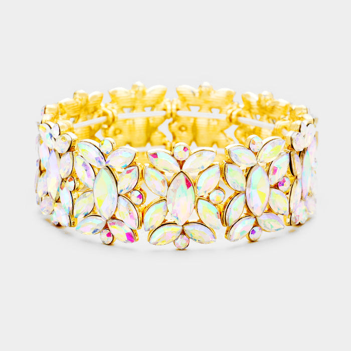 AB Crystal Floral Pageant Stretch Bracelet on Gold | Prom Bracelet