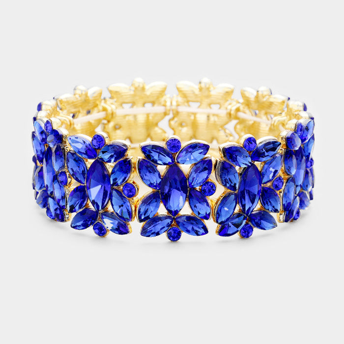 Sapphire Crystal Floral Pageant Stretch Bracelet on Gold | Prom Bracelet