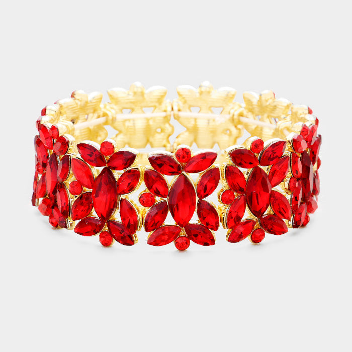 Red Crystal Floral Pageant Stretch Bracelet on Gold | Prom Bracelet