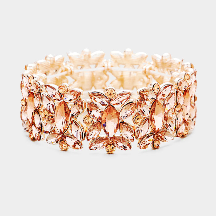 Peach Crystal Floral Pageant Stretch Bracelet on Rose Gold | Prom Bracelet