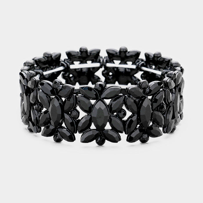 Black Crystal Floral Pageant Stretch Bracelet  | Prom Bracelet
